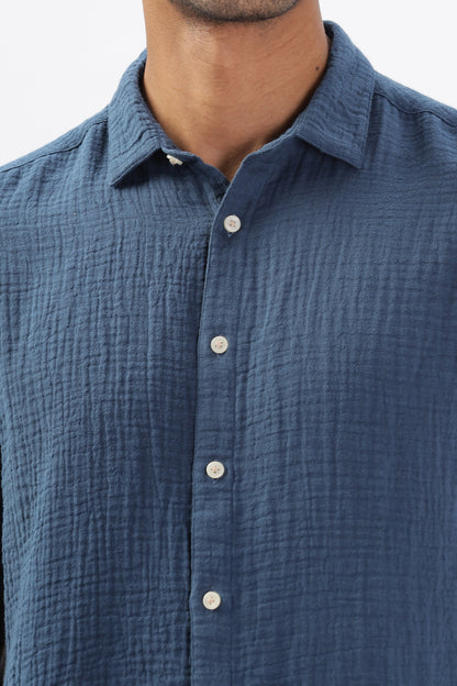 Uri Textured Boxy Fit Blue Shirt Uri