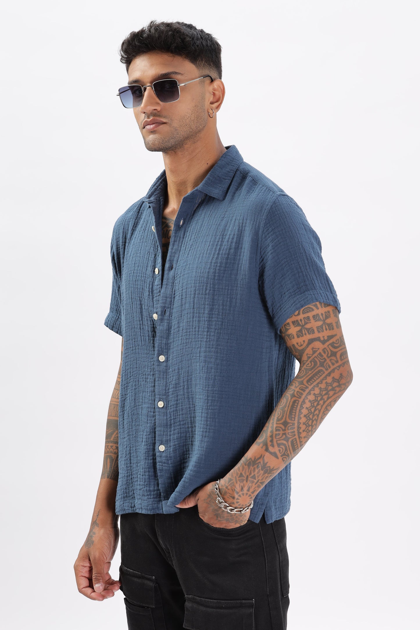 Uri Textured Boxy Fit Blue Shirt Uri