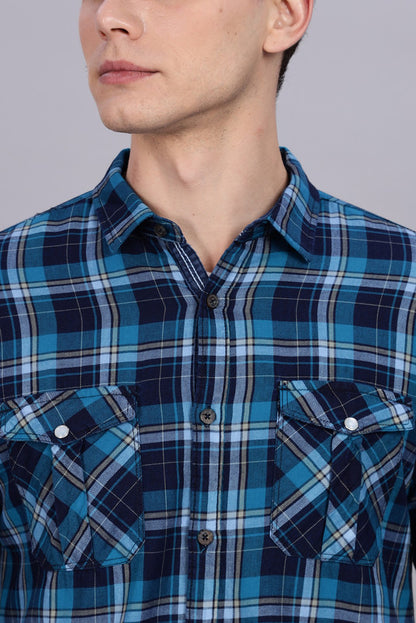 Kuons Avenue Men's Teal Blue Cotton Flannel Checks Casual Shirt