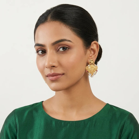 Gold Kundan Filigree Floral Stud Earrings For Women
