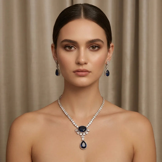 Silver And Sapphire Blue Stone Teardrop Necklace And Earrings Set For Women