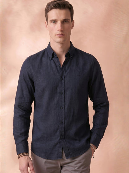 Regular Fit Black Linen Solid Casual Shirt for Men (LITRA)