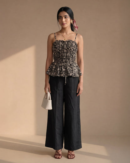Black Floral Gather Top