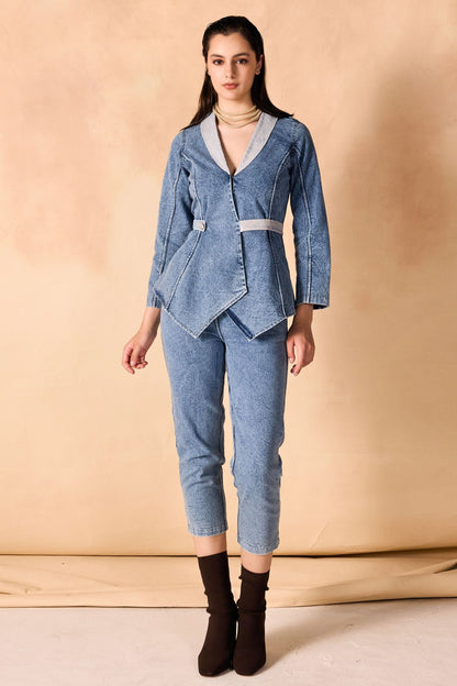 One Button Jacket & Pant Acid Washed Denim Co-Ord Set