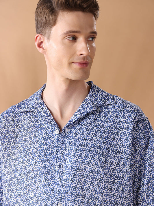 Navy Blue Regular Fit Printed Casual Shirt for Men (ALUAR)