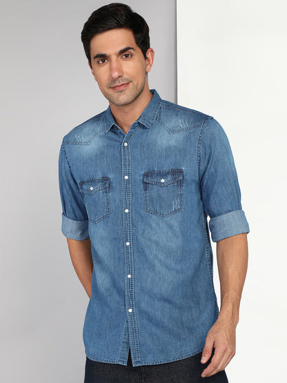 Kuons Avenue Men's Stonewash Blue Denim Casual Shirt