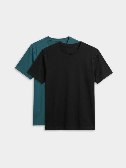 Women's Pack of 2 Teal And Black Solid Cotton Round Neck Relaxed Fit T-Shirts