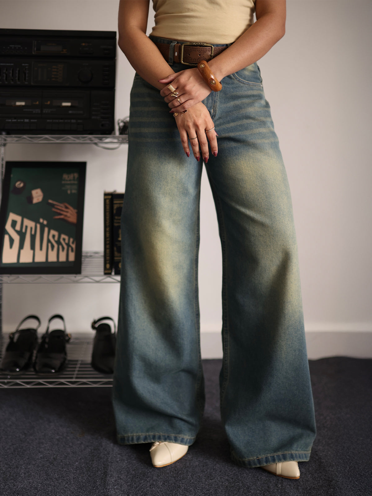 Vintage Drift Blue Tinted Wide Leg Jeans