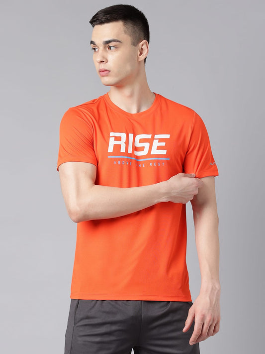 Alcis Men's Printed Orange Anti-Static Drytech+ Slim-Fit Training Tee