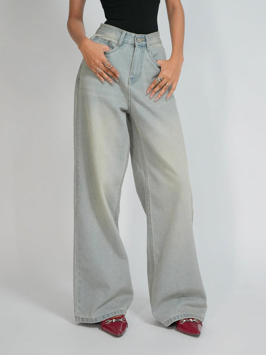 Pale Blue Dirty Wash Wide Leg Jeans