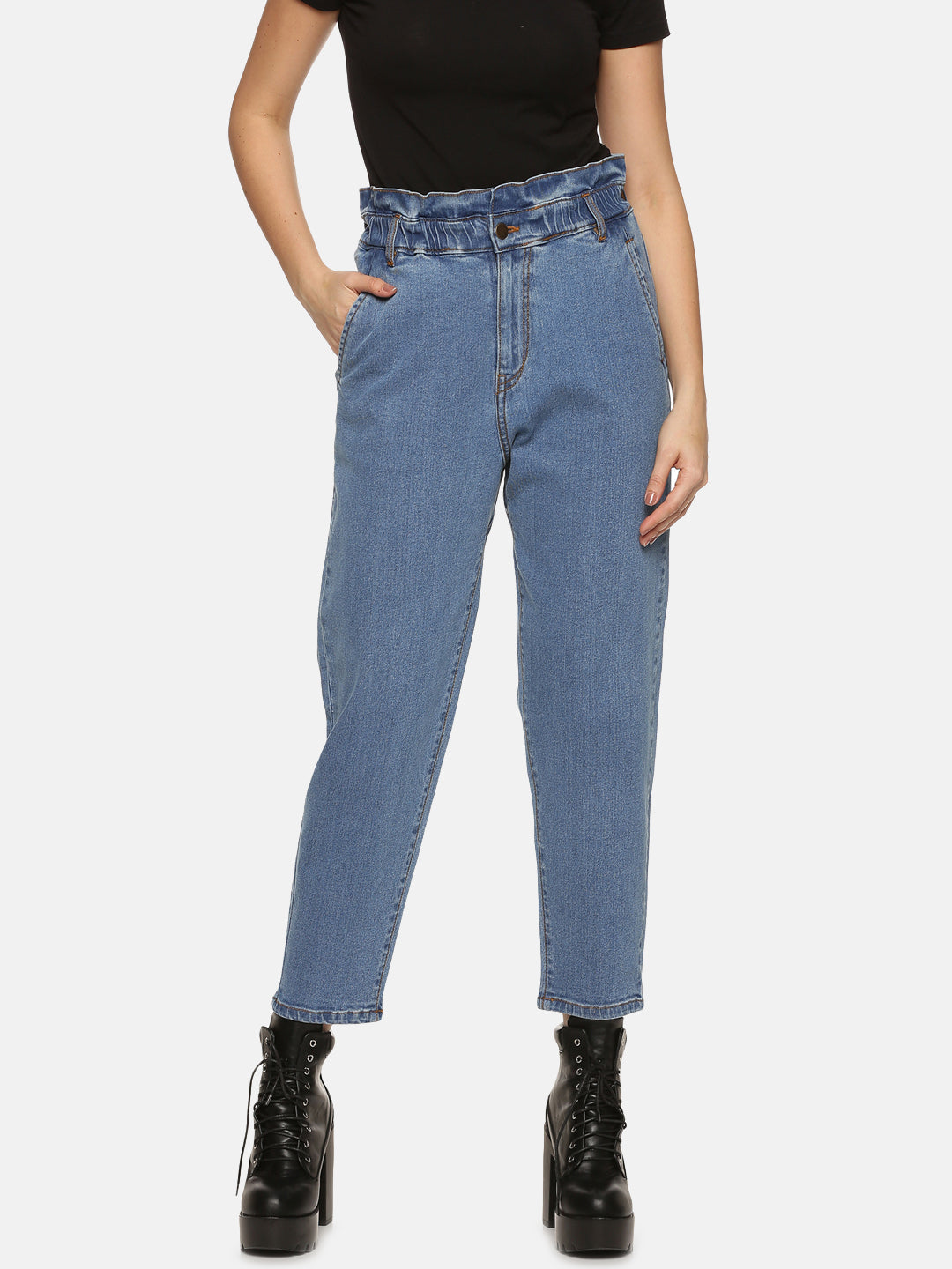 Modern Paper Bag Demin Jeans For ladies In Mid Blue