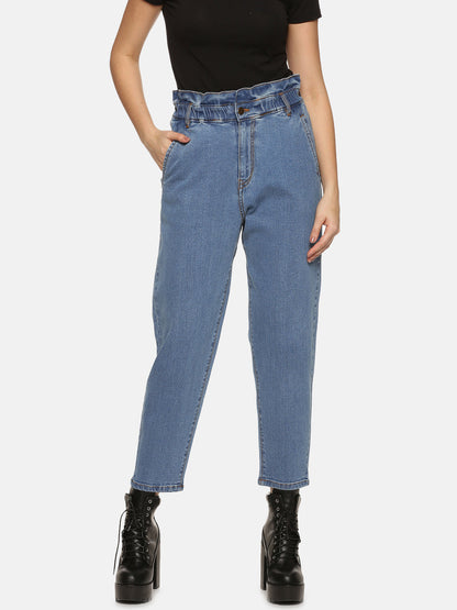 Modern Paper Bag Demin Jeans For ladies In Mid Blue