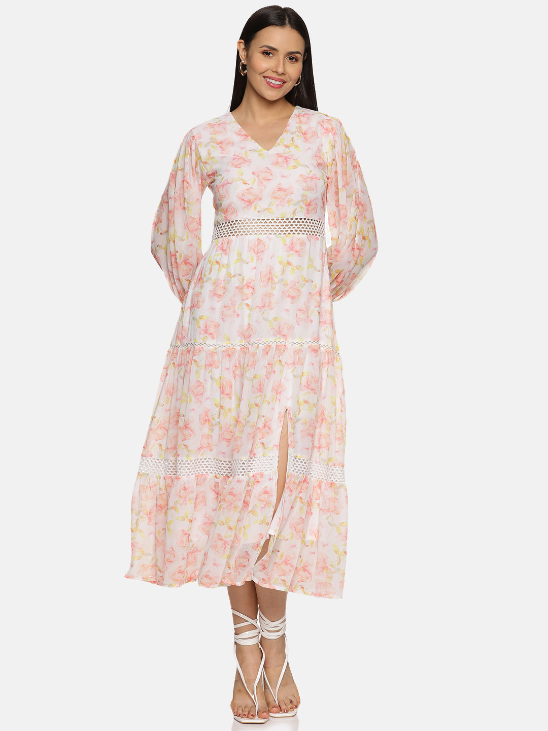 IS.U Floral White Front Slit Midaxi Dress