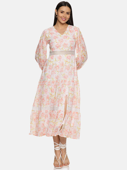 IS.U Floral White Front Slit Midaxi Dress