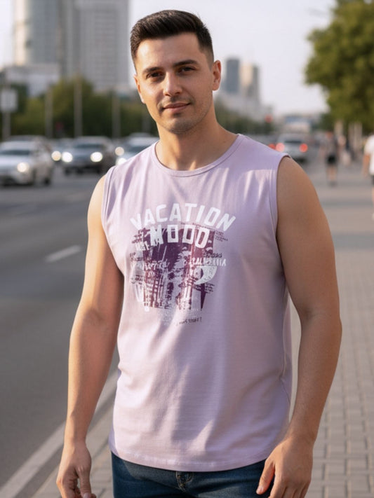 Men Light Purple Sleeveless Round Neck Typography Printed Cotton T-Shirt