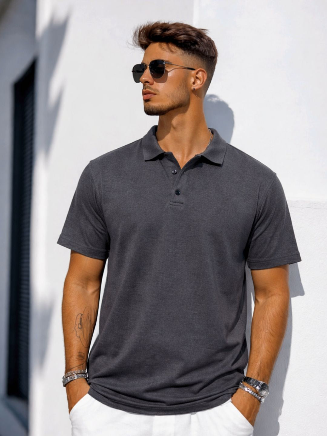 Men Solid Charcoal Grey Cotton Polo Collar Half Sleeve Regular Fit T-Shirt