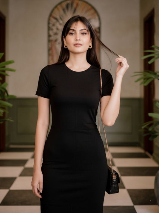 Women Black Round Neck Short Sleeves Cotton Bodycon Midi Dress
