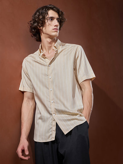 Beige Regular Fit Striped Smart Casual Cotton Shirt for Men (LARIN)