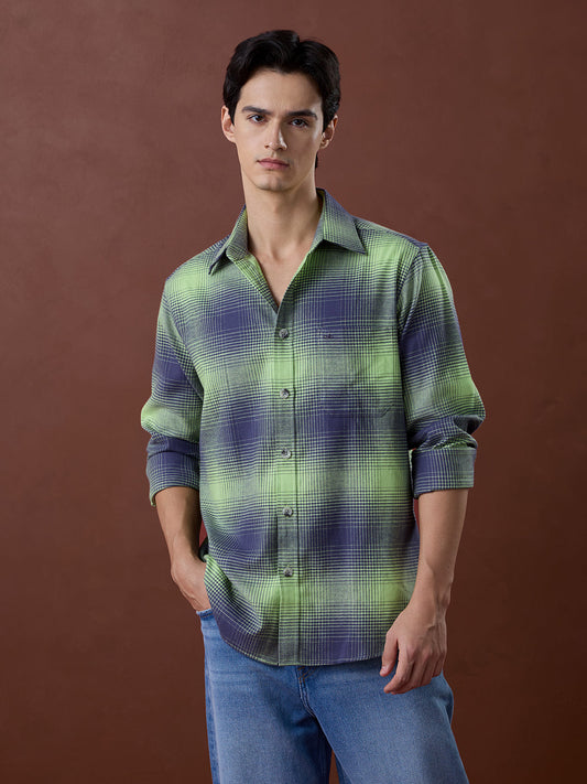Green Regular Fit Checked Casual Cotton Shirt for Men (LALIN)