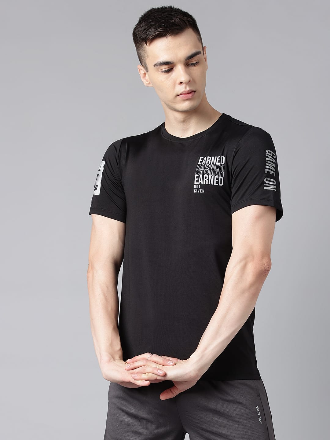 Alcis Men's Printed Black Anti-Static Drytech+ Slim-Fit Training Tee