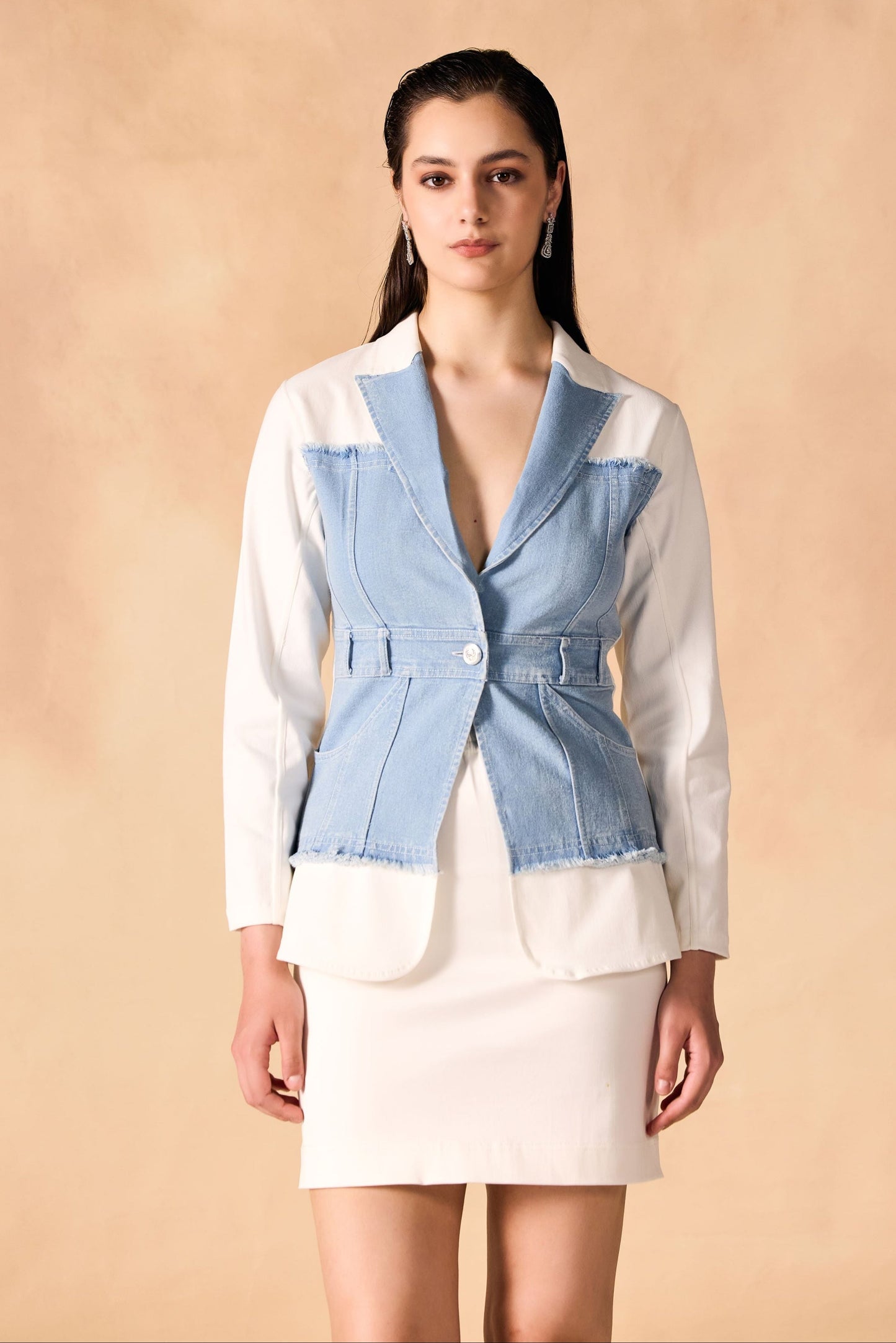 Panelled Denim & Twill Structured Jacket