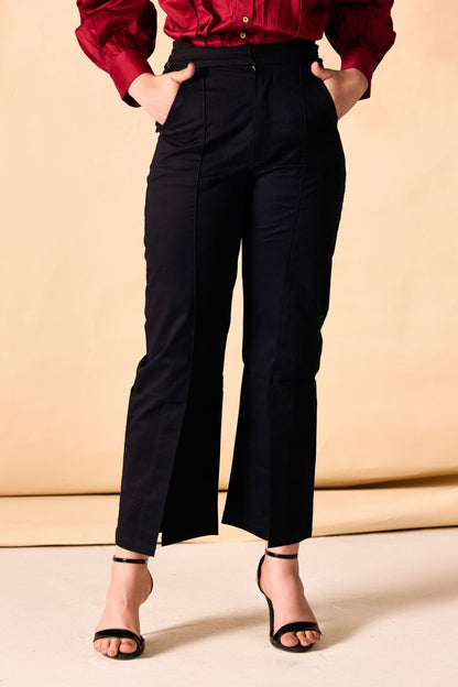 Black Front Slit Hem Straight-Leg Pants
