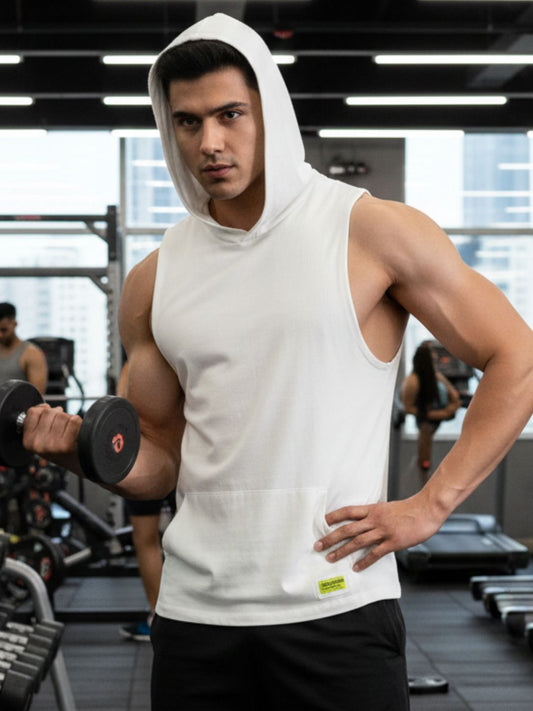 Men Solid Printed Hooded Sleeveless Regular Fit Cotton White Kangaroo Pocket T-shirt