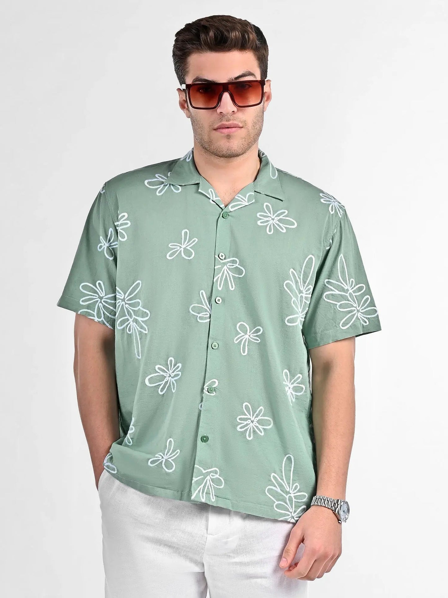 Men's Box-Fit Floral Embroidered Linen Lust Sage Shirt Vellure