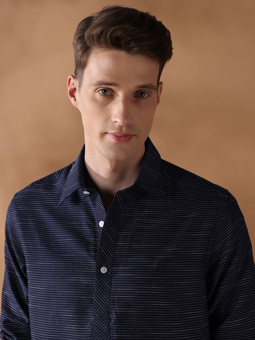 Navy Blue Regular Fit Stripes Casual Shirt for Men (LESSA)