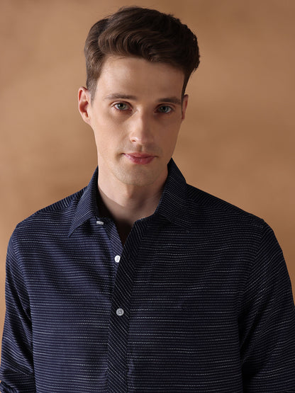 Navy Blue Regular Fit Stripes Casual Shirt for Men (LESSA)
