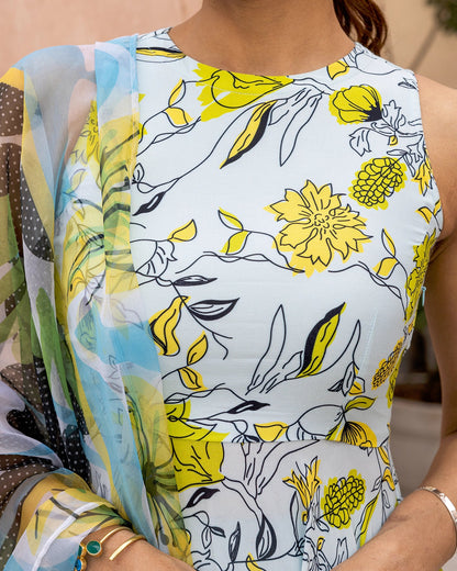 Pastel Blue Animated Floral Suit Set