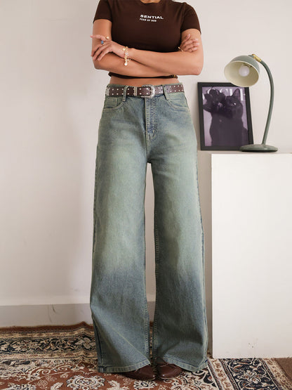 Luxe Aquamarine Green Tinted Stretchable Wide Leg Jeans
