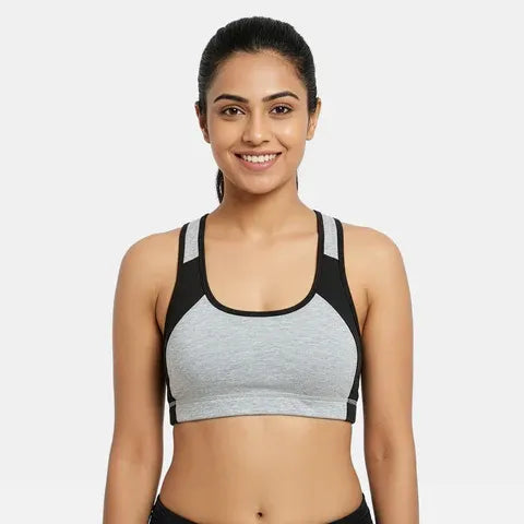 Padded non-wired full coverage sports bra for women in grey melange black