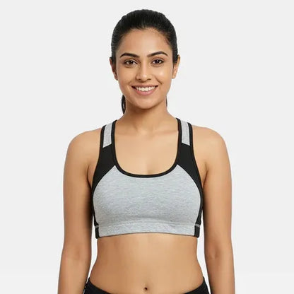 Padded non-wired full coverage sports bra for women in grey melange black