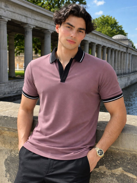 Men Solid Mauve Tipping Collar Regular Fit Half Sleeve Cotton T-Shirt