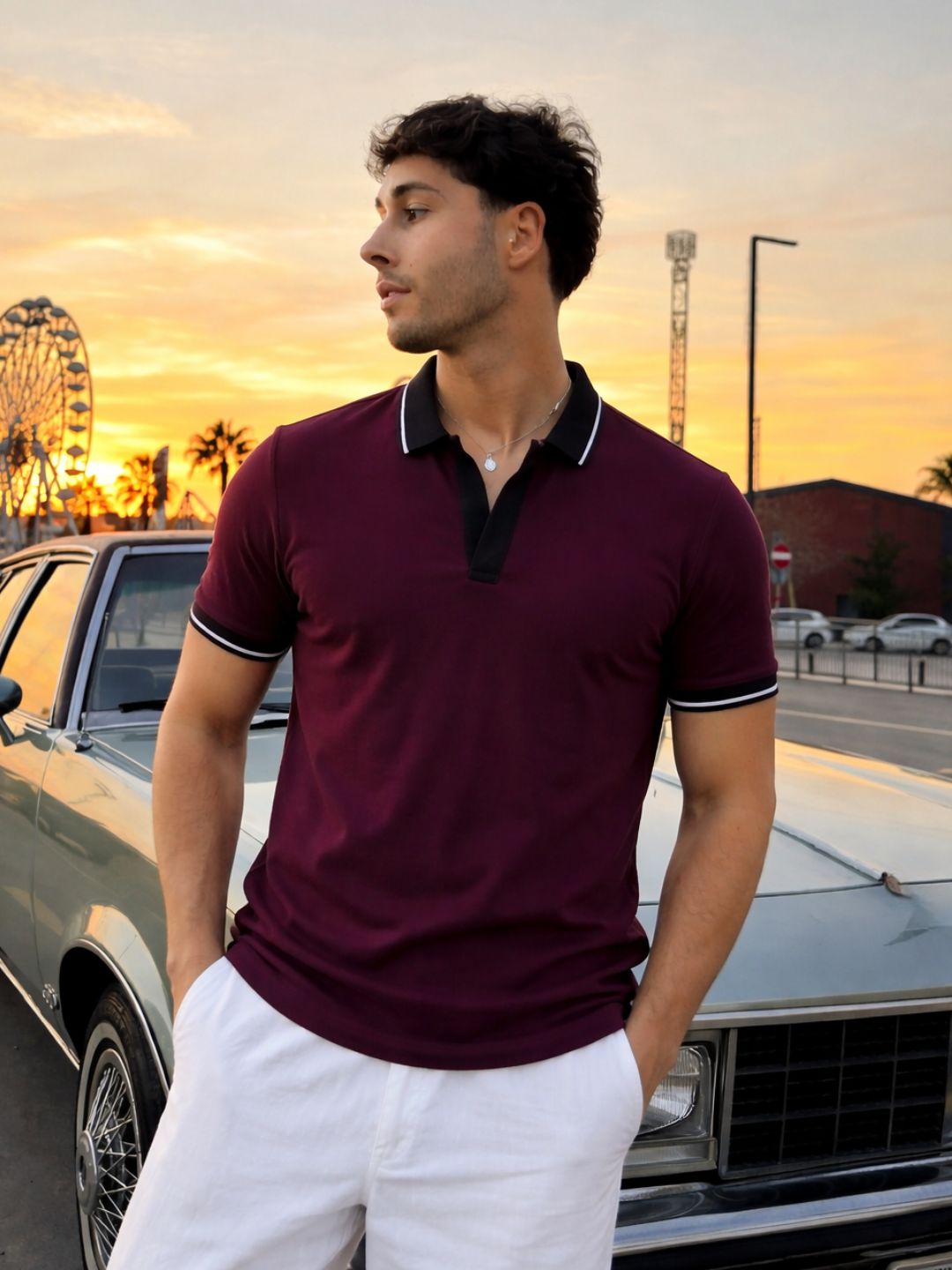 Men Solid Wine Tipping Collar Regular Fit Half Sleeve Cotton T-Shirt
