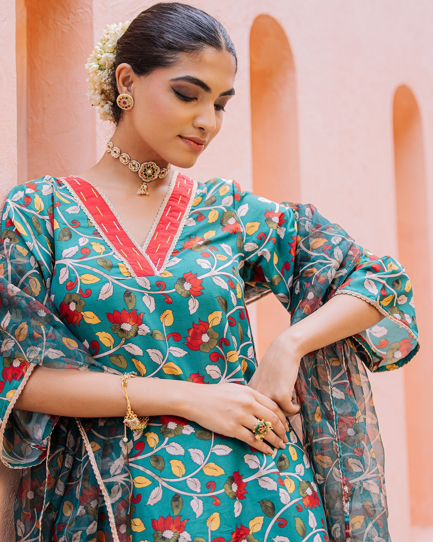 Green Floral Muslin Suit Set
