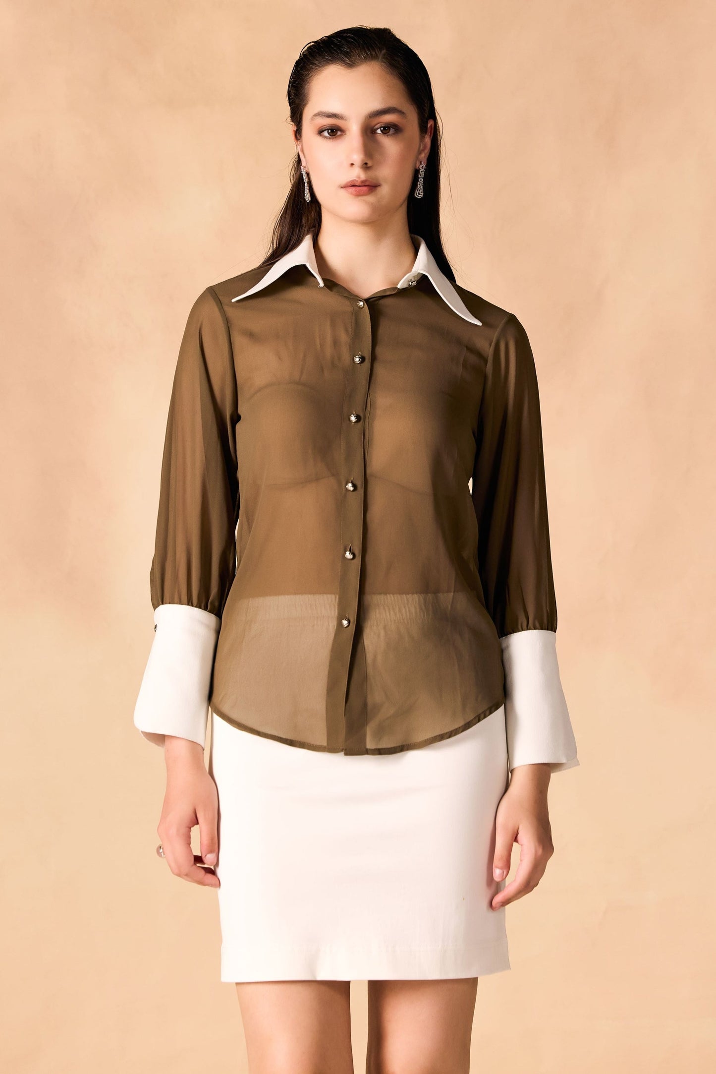 Button-Up Contrast Trim Georgette Sheer Shirt