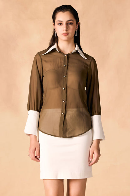 Button-Up Contrast Trim Georgette Sheer Shirt
