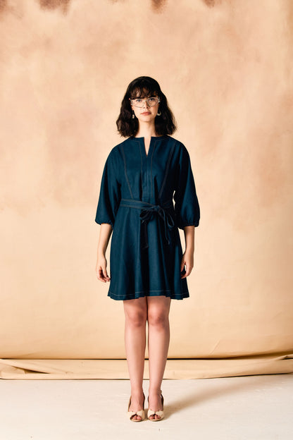 Contrast Stitch Tie Waist Fit & Flare Dress