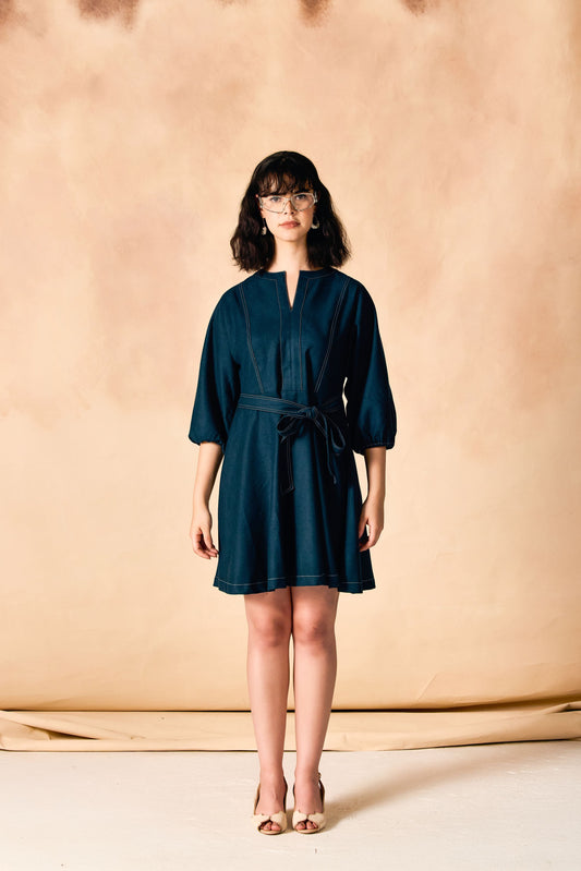 Contrast Stitch Tie Waist Fit & Flare Dress