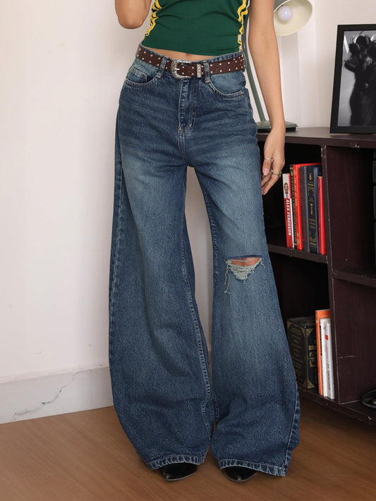 Dive Blue Washed Ripped Super Wide Leg Jeans