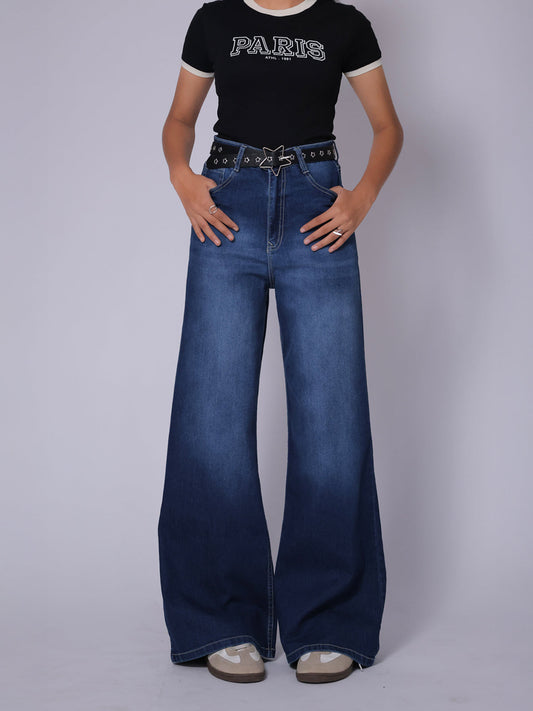 Luxe Premium Midnight Blue Washed Stretchable Wide Leg Jeans
