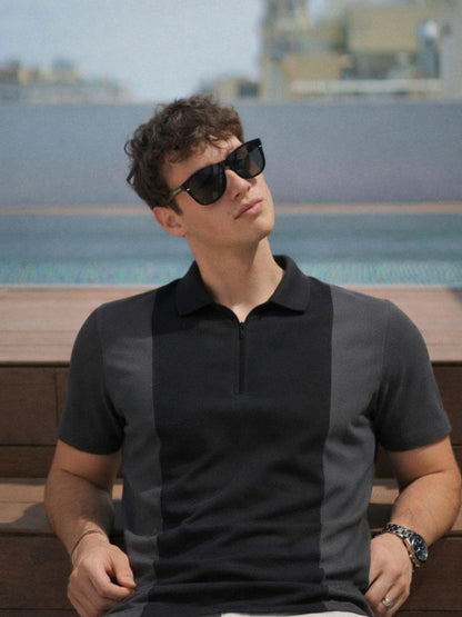 Men Black Polo Collar Colourblocked Cotton Half Sleeve Zipper T-shirt