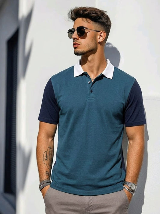 Men Colourblock Teal Blue Polo Neck Half Sleeve Cotton T-Shirt