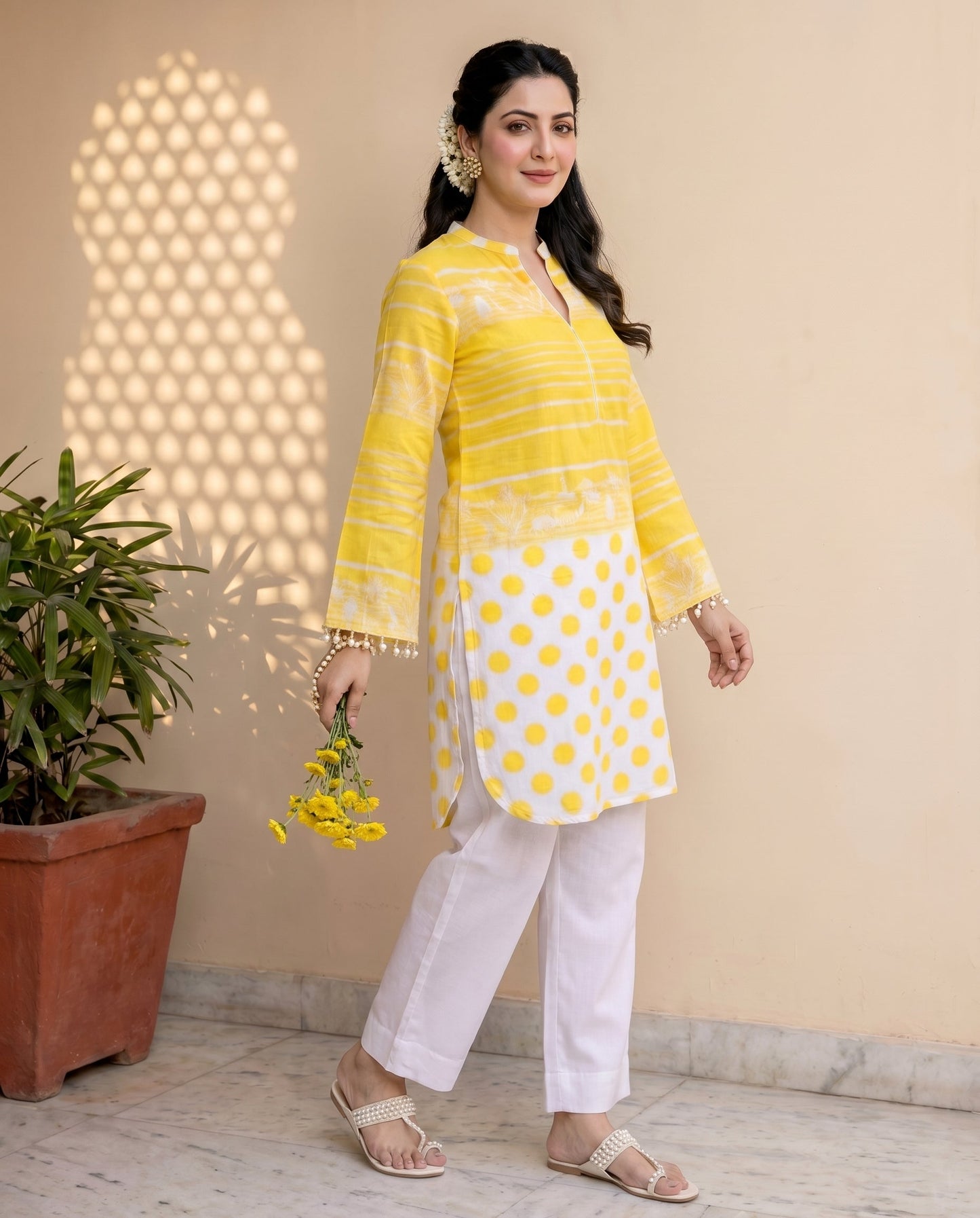 Yellow Stripe & Polka Kurta Set