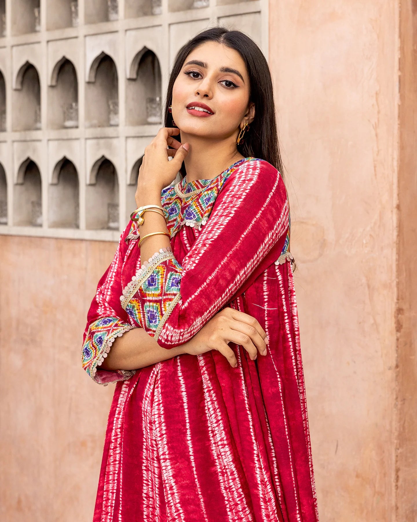 Red Tie Dye Gathered Kurta Set