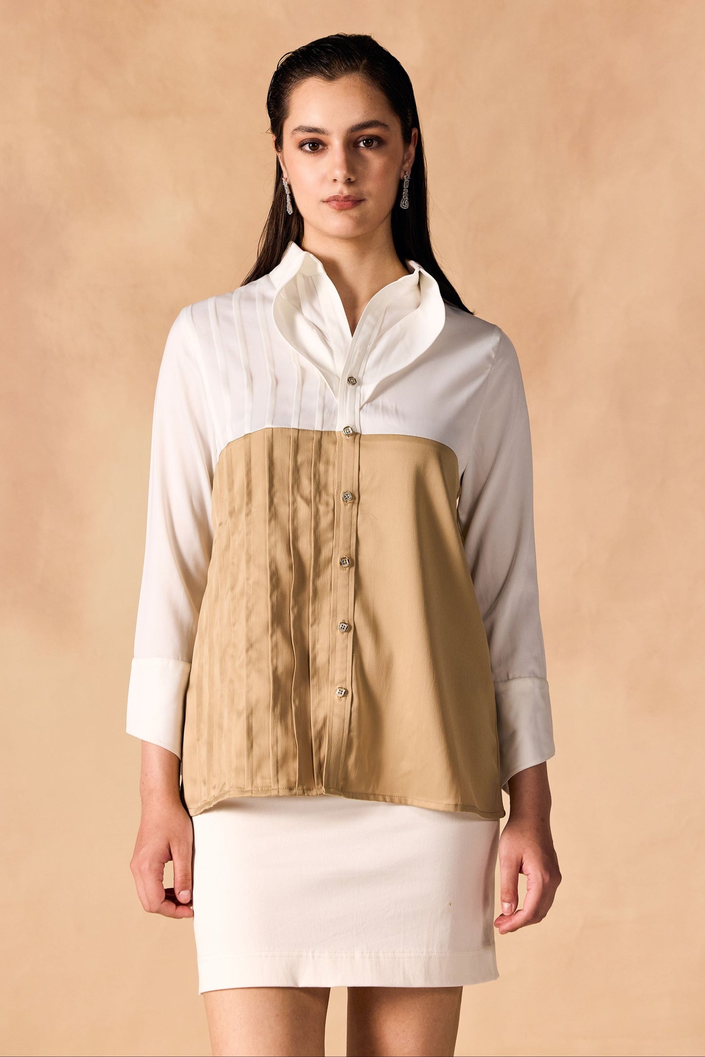 Two Tone Pintuck Pleated Button-up Satin Shirt