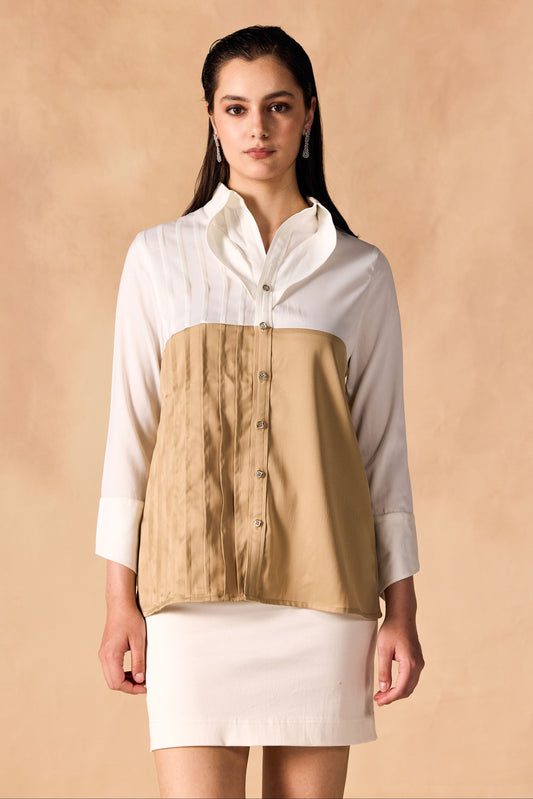 Two Tone Pintuck Pleated Button-up Satin Shirt