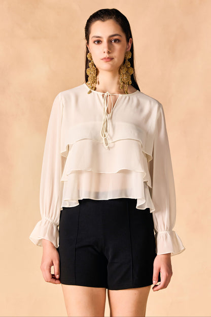 Casual Layered White Georgette Crop Top